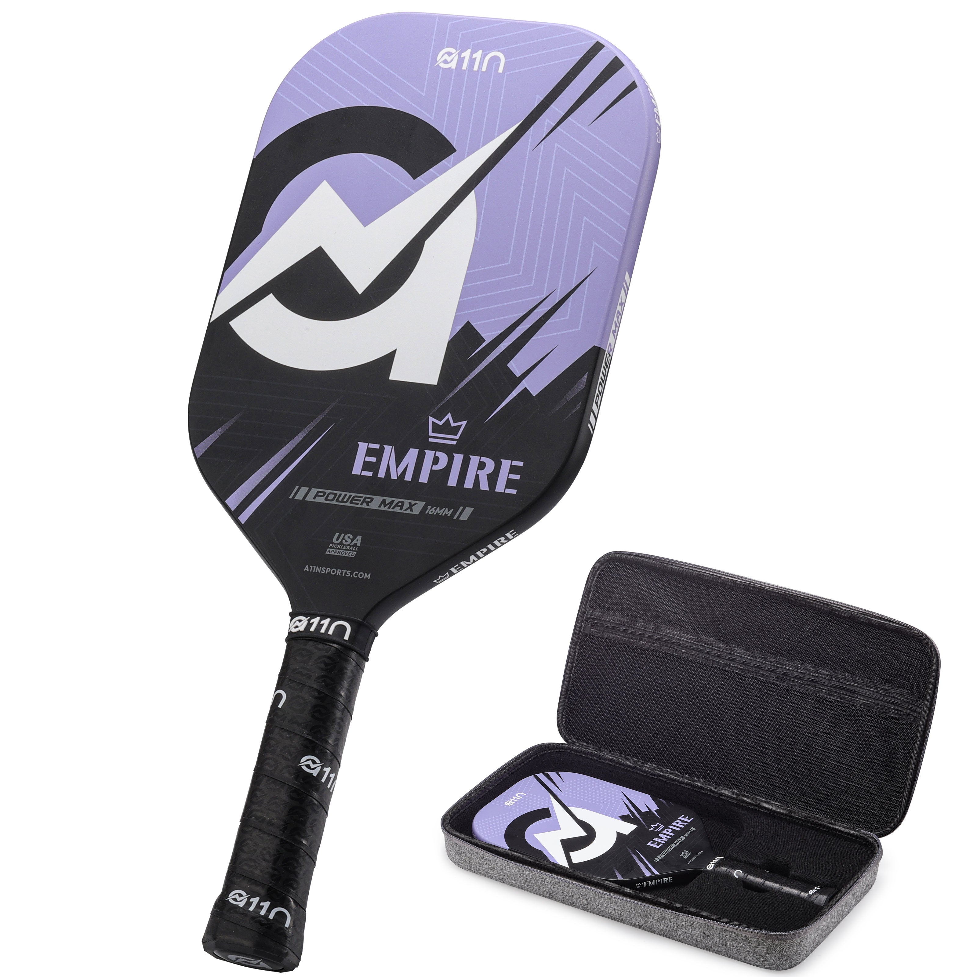 A11N Empire carbon fiber pickleball paddle purple black design with a hard EVA case