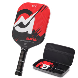 A11N Empire pickleball paddle with a red and black design, shown with a hard EVA case