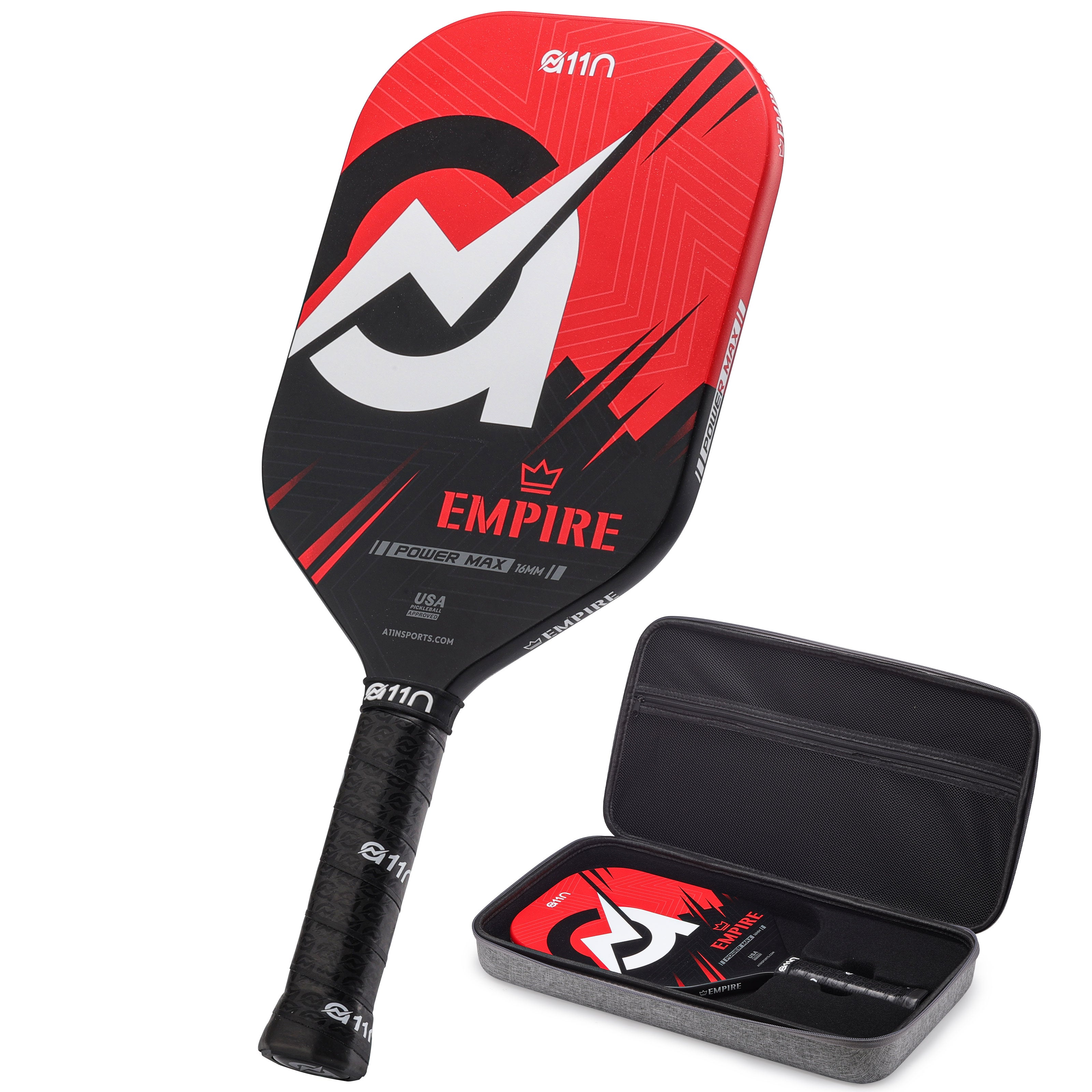 A11N Empire carbon fiber pickleball paddle red black design with a hard EVA case 