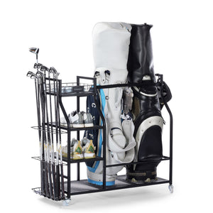 Finchley golf storage rack holding two golf bags, golf clubs, shoes, and other accessories. The multi-level design allows for organized storage of equipment, with easy access and a compact footprint.