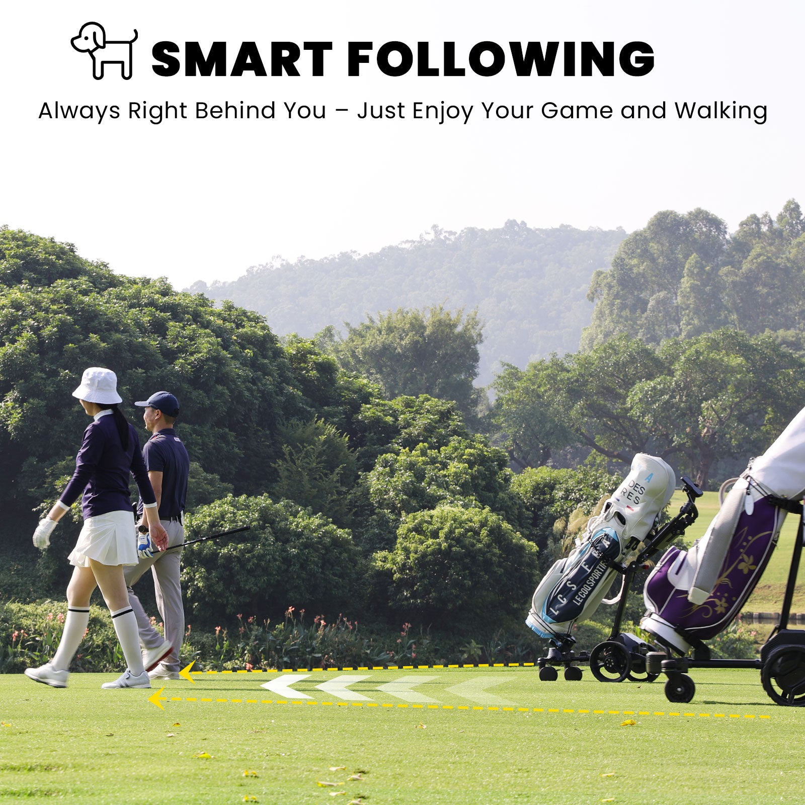 Smart following golf cart automatically tracks the player on the golf course, providing hands-free convenience