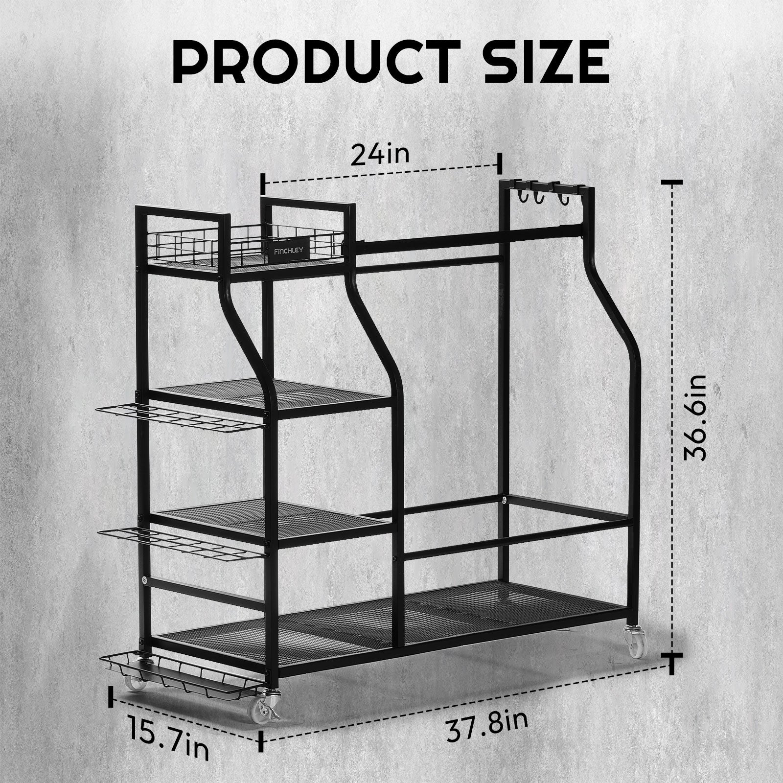 Dimensions of the Finchley golf organizer: 24 inches wide, 15.7 inches deep, and 36.6 inches tall, with wheels for mobility. Multi-tier shelves and hooks offer space for golf bags, shoes, and gear.