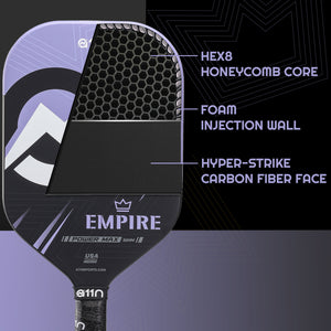 The A11N Empire carbon fiber paddle showcases its advanced construction with a HEX8 honeycomb core and hyper-strike carbon fiber face