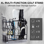 Load image into Gallery viewer, Finchley XL multi-function golf stand holding two golf bags, 12 golf clubs, 3 pairs of shoes, and up to 15 golf balls. The ultimate gear storage solution for organizing golf equipment.
