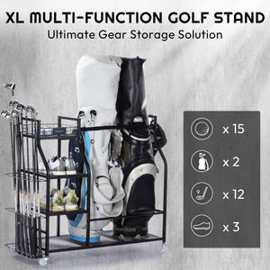 Finchley XL multi-function golf stand holding two golf bags, 12 golf clubs, 3 pairs of shoes, and up to 15 golf balls. The ultimate gear storage solution for organizing golf equipment.