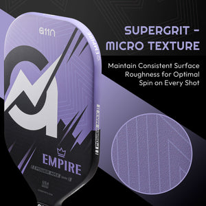 Close-up of the A11N Empire paddle surface featuring supergrit micro-texture for enhanced ball spin