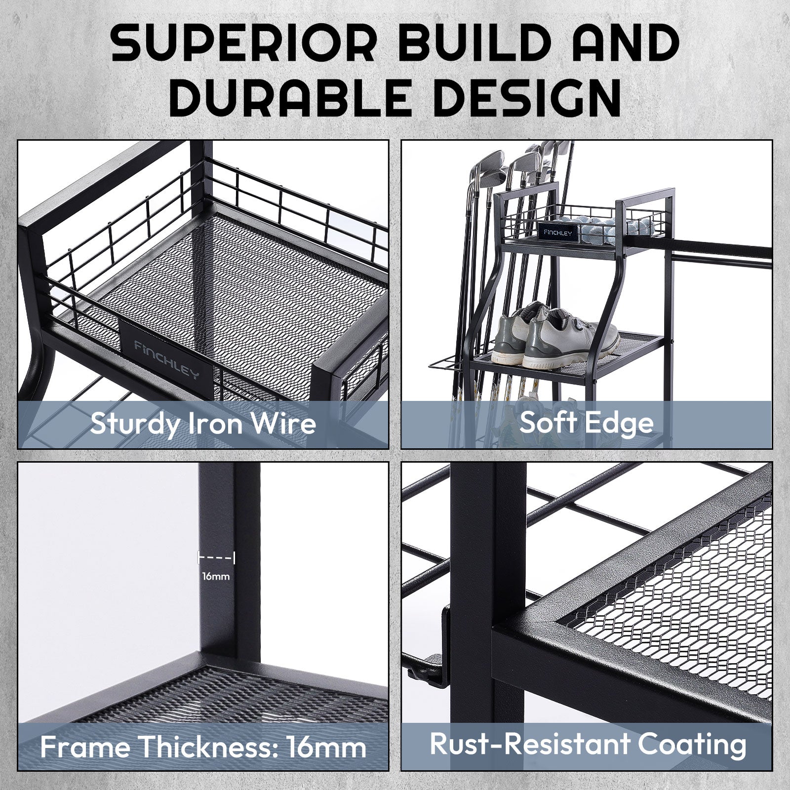 Finchley golf storage rack with soft edges to protect golf bags from scratches and a sturdy perforated steel base for durability and stability. Rust-resistant coating ensures a long lifespan, making it ideal for prolonged use in various environments.