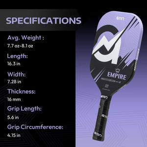 Specifications of the A11N Empire pickleball paddle, including weight, length, width, and grip size