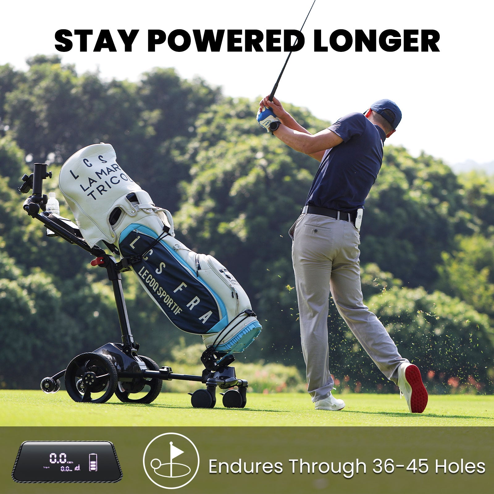 Long-lasting golf cart battery, powering through 36-45 holes to keep you connected and in the game