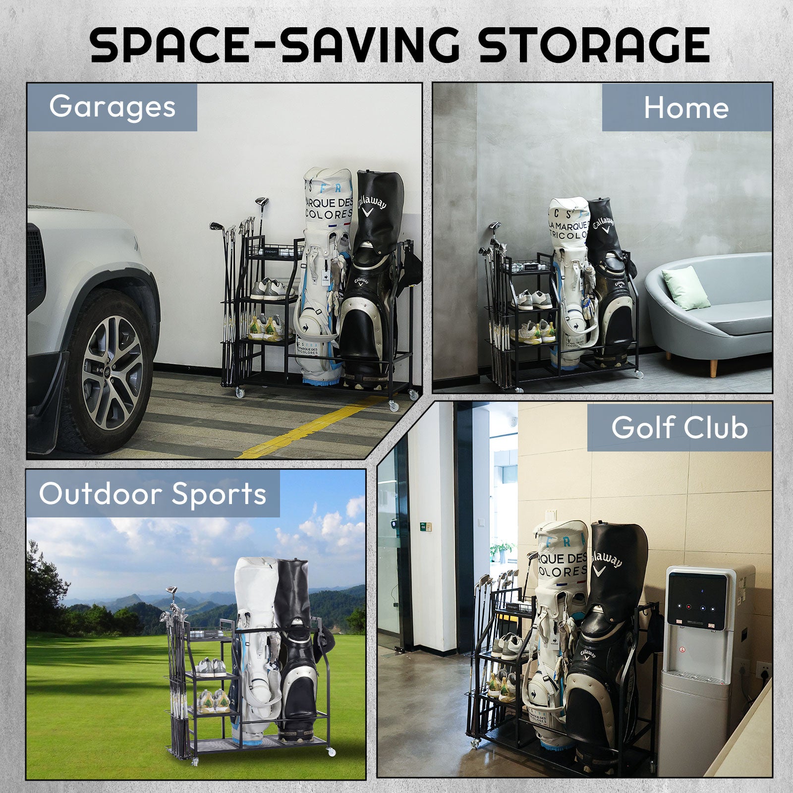 Finchley golf storage rack with soft protective edges and a durable perforated steel base, ideal for use in garages, homes, outdoors, and golf clubs. The rust-resistant coating ensures long-lasting performance in different environments.