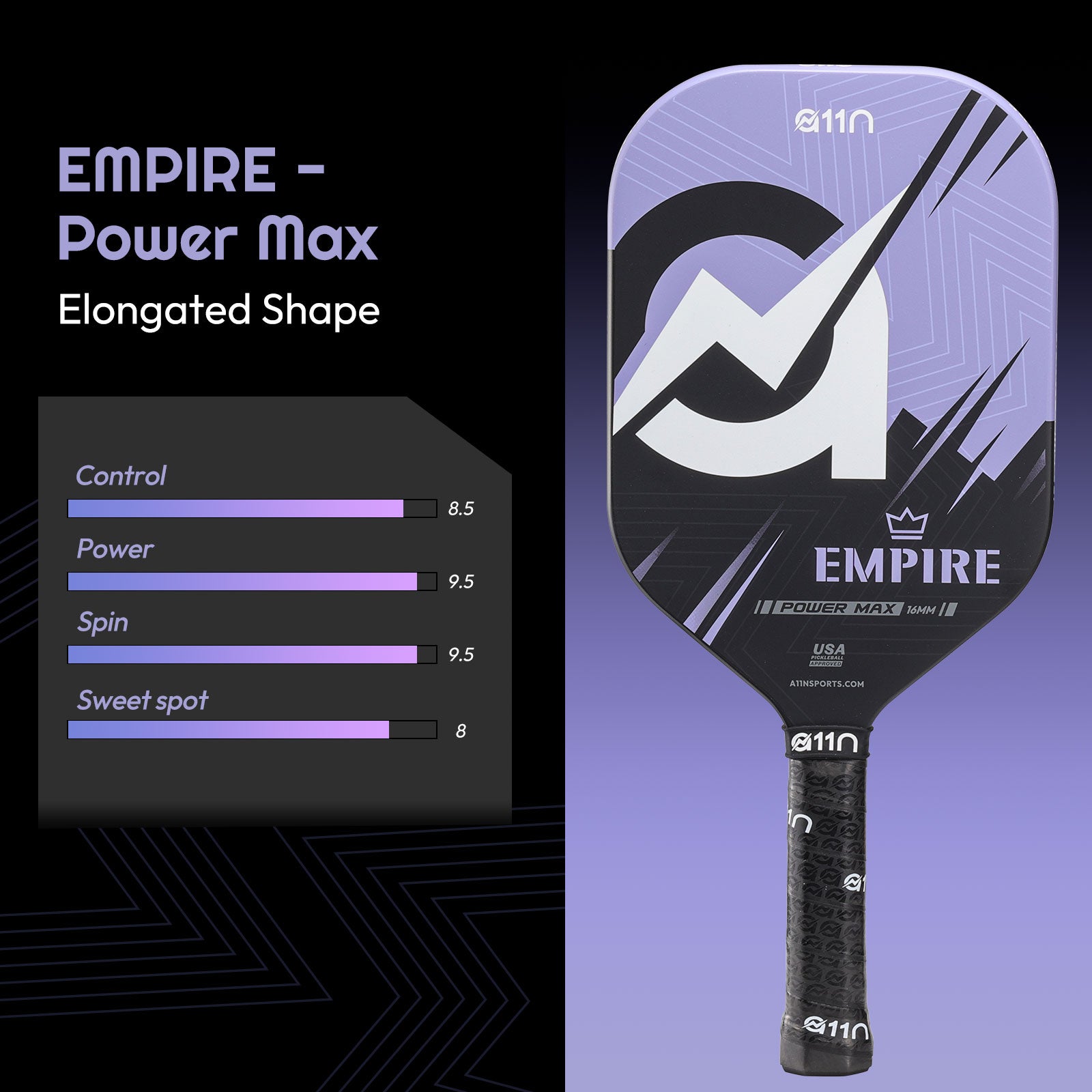 A11N Empire pickleball paddle "Power Max" model with ratings for control, power, spin, and sweet spot