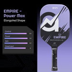 Load image into Gallery viewer, A11N Empire pickleball paddle &quot;Power Max&quot; model with ratings for control, power, spin, and sweet spot
