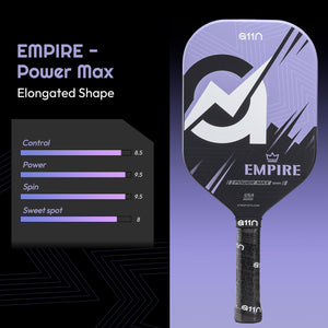 A11N Empire pickleball paddle "Power Max" model with ratings for control, power, spin, and sweet spot