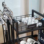 Load image into Gallery viewer, High-quality golf stand organizer designed to hold 2 standard golf bags, featuring 3 medium-sized shelves and a 12-club storage rack for efficient equipment organization.
