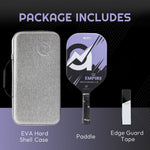 Load image into Gallery viewer, Packaging of the A11N Empire pickleball paddle, showing the EVA hard shell case, paddle, and edge guard tape
