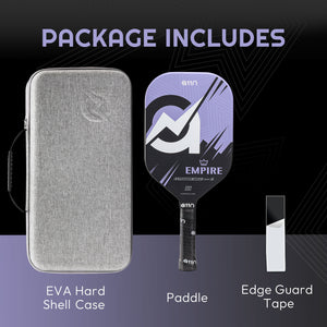 Packaging of the A11N Empire pickleball paddle, showing the EVA hard shell case, paddle, and edge guard tape