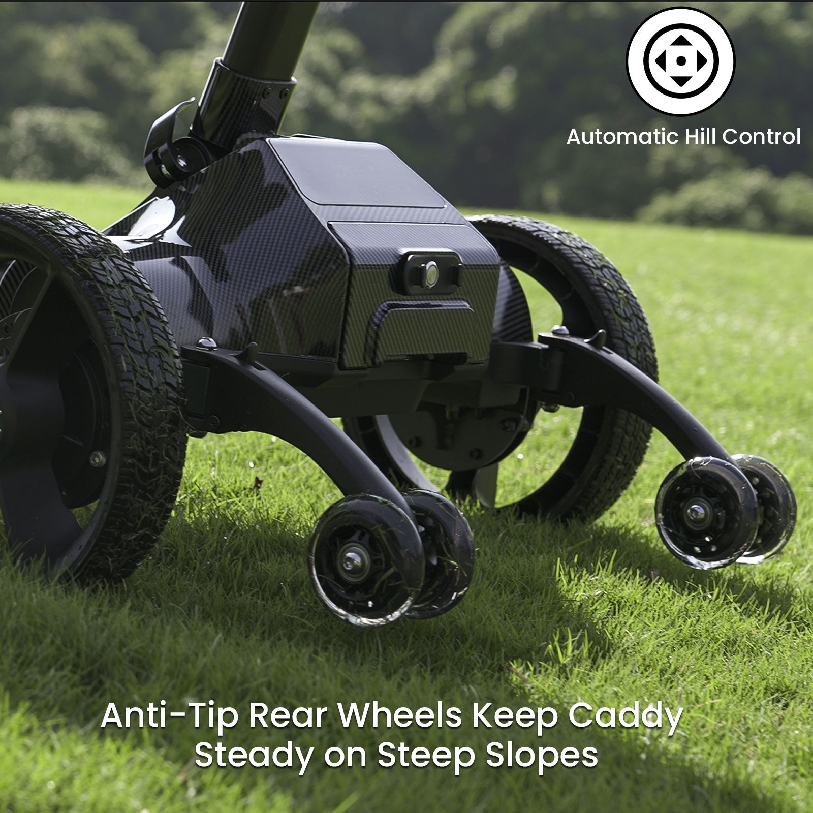 Anti-tip rear wheels on a golf cart provide extra stability on steep slopes and uneven terrain.