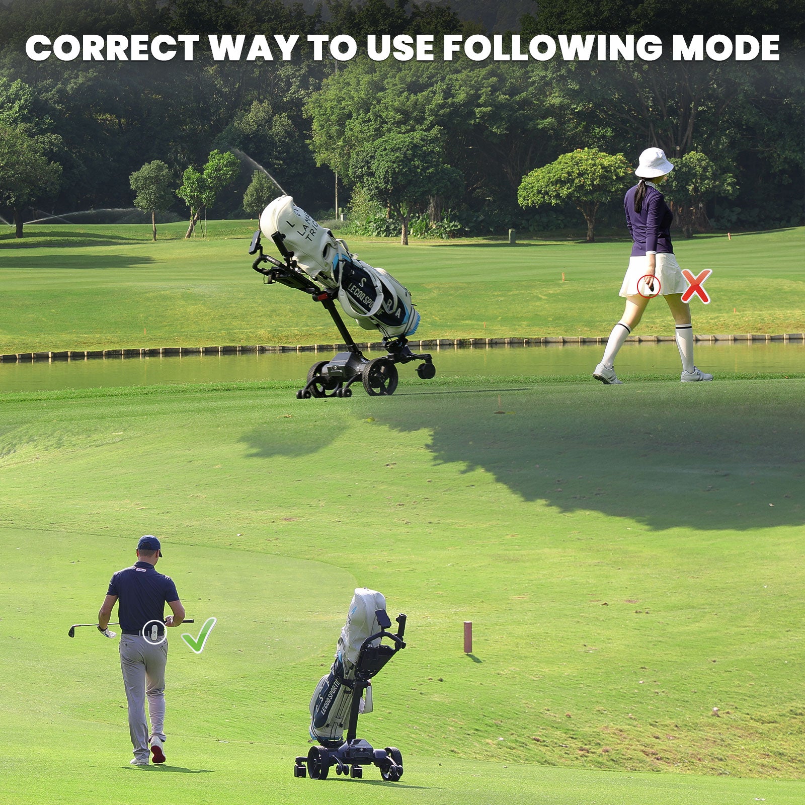 Proper way to use the golf cart's following mode, demonstrating safe and effective operation.