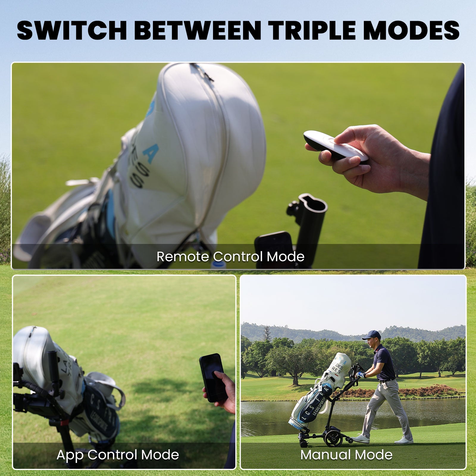 Golf cart with three modes: remote control, app control, and manual mode for versatile use on the course.