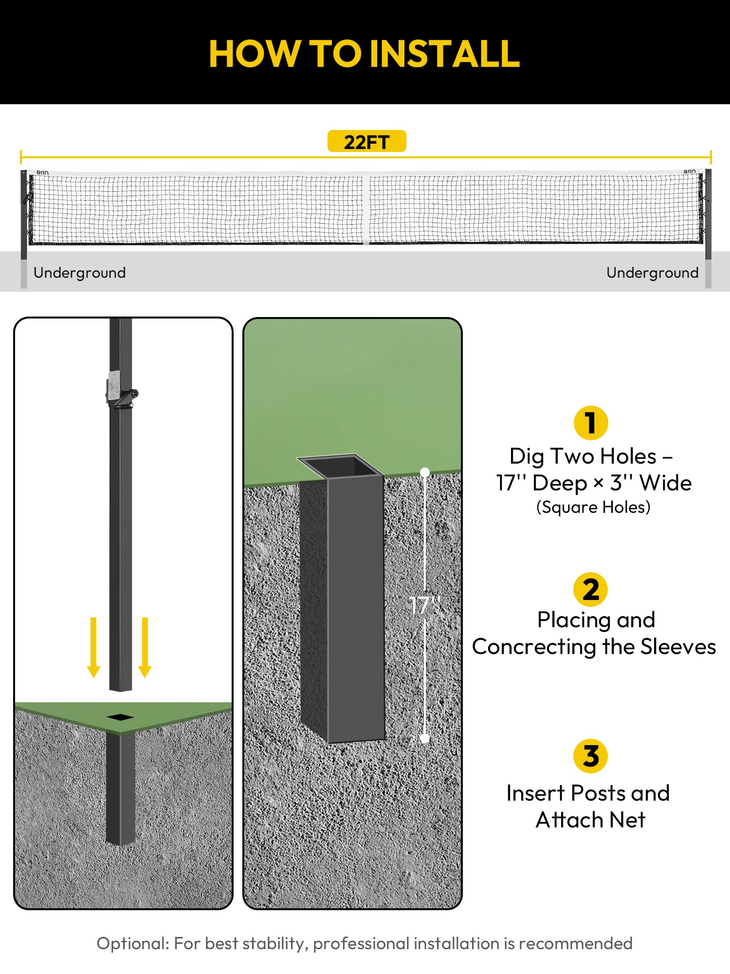 A11N In-Ground 22ft Pickleball Net
