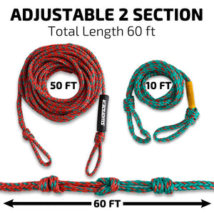 2-Section Tow Ropes for Tubing, 1-4 Rider 60FT Ropes for Towable Tubes