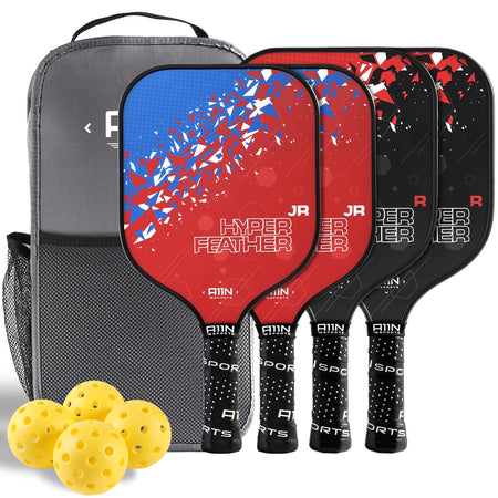 A11N SPORTS Sporting Goods > Outdoor Recreation > Outdoor Games > Pickleball > Pickleball Paddles HyperFeather R & JR Paddles Set of Four, with Four Outdoor Balls and One Backpack